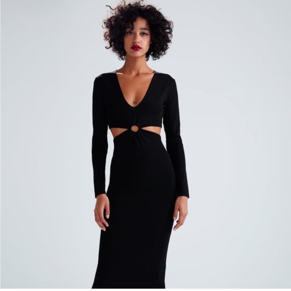 zara long sleeve cut out dress Zara black maxi/midaxi cut out long sleeve dress